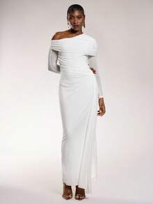 Normani Vestido Formal Elegante de Cor Sólida Feminino, Design Assimétrico de Ombro, Vestido Justo de Manga Longa com Malha Franzida e Envolvente - Branco - Visão 6