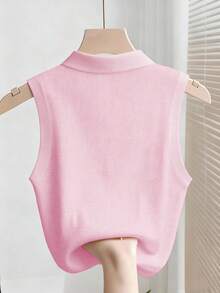SHEIN Franclia 女士时尚优雅无袖背心，简约纯色，夏季 - 粉色 - 查看 2