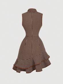 SHEIN MOD Bow Tie Black & White Plaid Ruffle Hem Mini Dress - Brown - View 2