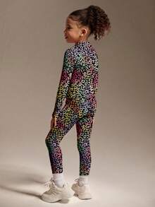 SHEIN Young Girls 2pcs Active Jacket & Leggings Set, Cute Black Floral Leopard Print, High Stretch Comfortable Fabric, Slim Fit, Suitable For Running, Fitness, Tennis, Badminton - Multicolor - View 2