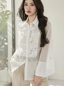 Modelyn Women's Solid Color Loose Long Flare Sleeve Elegant Lace Blouse - White - View 5