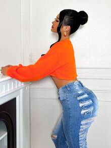 休闲字母数字印花短款卫衣，春秋季 - 橘色 - 查看 4