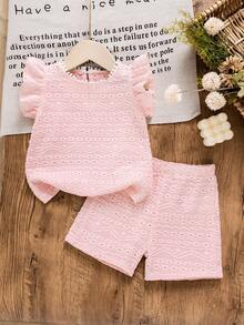 SHEIN Vintaside Kids 2件套女婴0-3岁休闲甜美日常外出短袖T恤背心上衣和短裤套装，春夏女婴套装可爱复古风女婴套装女童短裤套装女婴夏季服装套装 - 淺粉色 - 查看 3