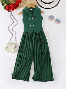 SHEIN Elladie kids 两件套少女优雅红色无袖西装背心和阔腿裤套装，正式通勤装，时尚别致 - 綠色 - 查看 5