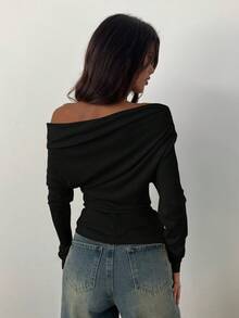 Aloruh 女士休闲不对称T恤，扭结纯色T恤，适合日常通勤和居家穿着，长袖针织T恤，饰有花卉网眼图案 - 黑色 - 查看 2