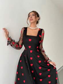 Chiquease 女士方领心形网纱连衣裙，收腰设计，荷叶袖，透视网纱面料，红色爱心图案，浪漫情人节，时尚优雅，适合日常穿着、婚礼、宴会、通勤、毕业派对、节日活动、度假、约会、聚会、万圣节、圣诞节、新年和感恩节等场合。