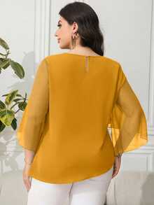 Reflora Plus Size Summer Elegant Commuter Solid Color Pleated Asymmetric Hem Blouse Fall - Yellow - View 2