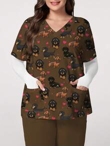 PopScrub Plus Size Women's Summer Cartoon Dog & Heart All-Over Print Casual Nursing Scrub Uniform Top - Multicolor - View 1