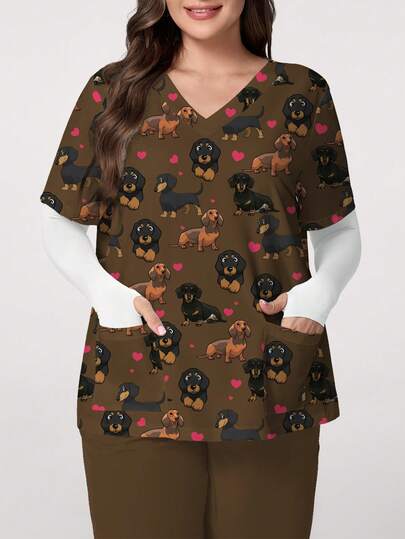 PopScrub Plus Size Women's Summer Cartoon Dog & Heart All-Over Print Casual Nursing Scrub Uniform Top