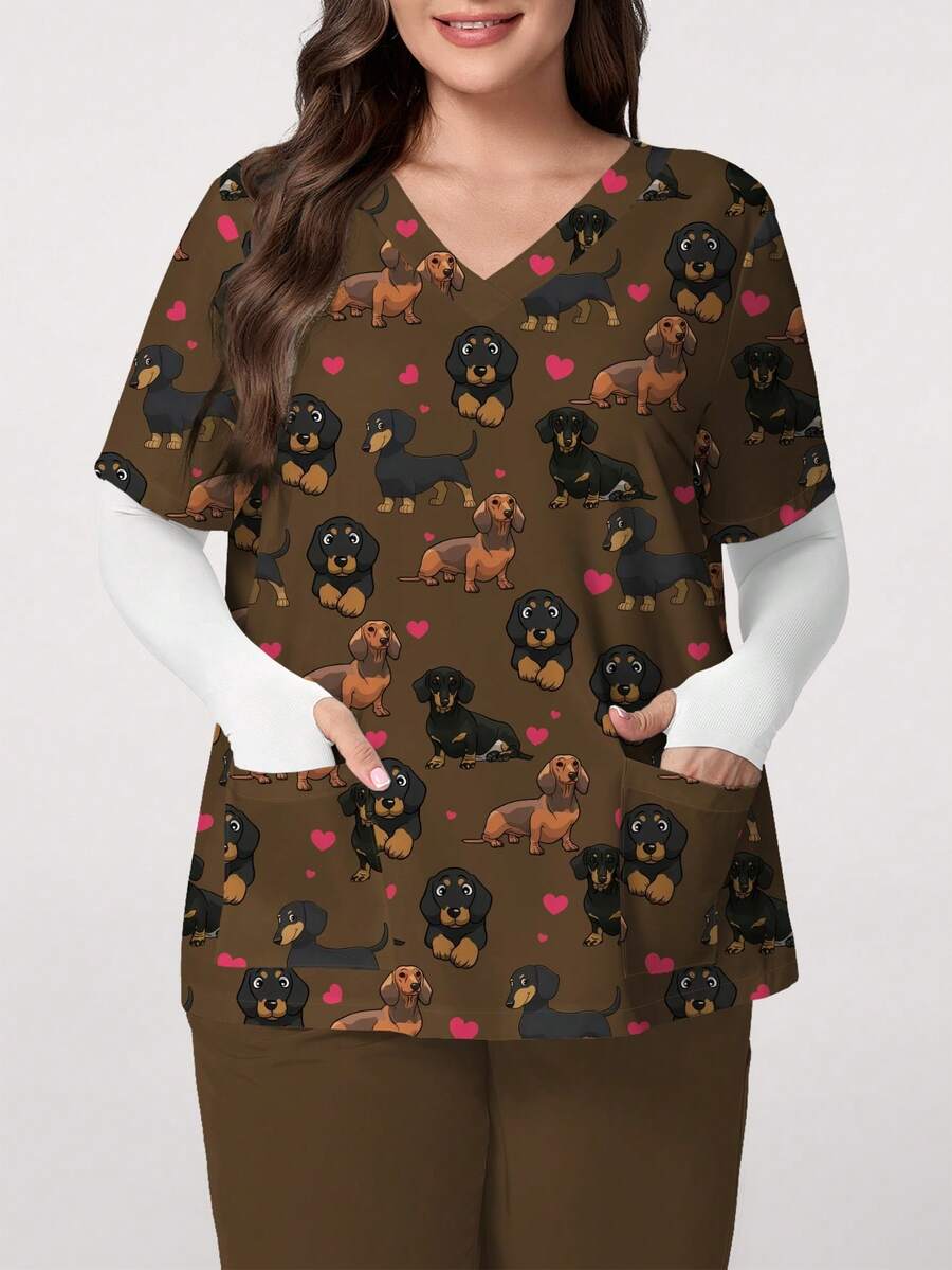 PopScrub Plus Size Women's Summer Cartoon Dog & Heart All-Over Print Casual Nursing Scrub Uniform Top - Multicolor - View 1