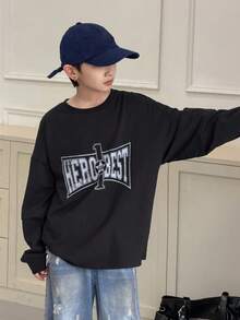DAZY Tween Boy Letter Print Crew Neck Dropped Shoulder Long Sleeve Casual Loose T-Shirt - Black - View 4