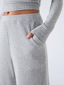 LYSMO 女士罗纹宽松船领上衣和阔腿裤套装 - 灰色 - 查看 4