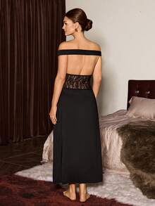 Slumberist Camisón sexy con encaje calado y parches, de un solo hombro y espalda descubierta - Negro - Ver 3