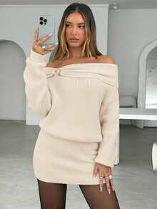 Aloruh Đầm len ngắn ôm sát gợi cảm và thanh lịch dành cho nữ, kiểu trễ vai, khóa kim loại trang trí eo, màu đỏ rượu vang, đầm màu đỏ tía, áo len màu đỏ tía cho mùa thu/đông. - Màu be - Xem 4