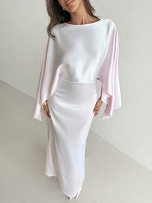 Aloruh 女士优雅派对/情人节蝙蝠袖船领粉色缎面连衣裙 - 粉色 - 查看 7