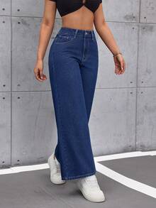 SHEIN Tall Women's Casual Commuting Washed Wide-Leg Jeans - Blue - View 4