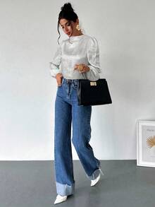 Firerie Blusa Elegante de Escritório e Transporte para Mulheres com Mangas Bufantes de Babado no Ombro, na Cor Dourada, Adequada para Primavera, Outono e Inverno, Elegante, Transporte, Traje de Trabalho - Prata - Visão 5