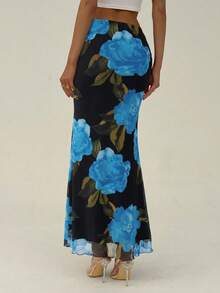 Aloruh New Floral Print Elastic Mesh Skirt, Romantic Orange Big Floral Holiday & Date Skirt - Multicolor - View 2