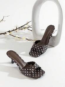 SHUZIA 女士方头小猫跟波点PU咖啡色拖鞋 – 复古别致印花，简约低跟，轻松展现俏皮风格 - 咖啡棕 - 查看 5