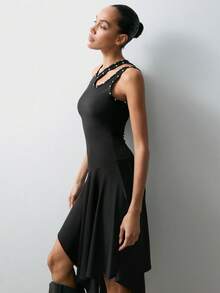 Maija 2025款不对称肩部女士中长连衣裙 - 藏蓝色 - 查看 2