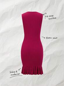 Breezaya Vestido de suéter de punto acanalado con volantes en el bajo, sin cinturón, para ropa de Año Nuevo - Rosa Roja - Ver 4