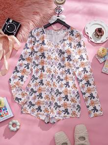 Eraneu 彩色卡通熊和蝴蝶结印花连体衣