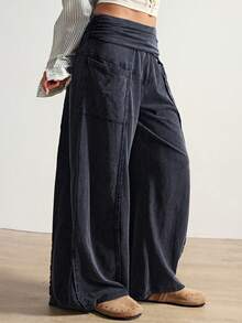 Bohemela 波西米亚风秋冬/春夏复古女式休闲纯色针织宽松阔腿水洗裤，西部乡村风格，适合音乐会、派对、海滩度假、日常穿着、返校、外出、派对、新年、2000年代Y2K夏季假期、海滩 - 黑色 - 查看 4