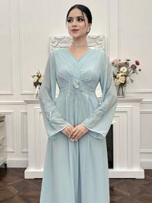 Yasmyna Conservative & Elegant 3D Floral Women Arabic Style Dress  Dusty Blue Dress Baby Blue Elegant Dress Butterfly Dress Light Blue Long Dress - Green - View 6