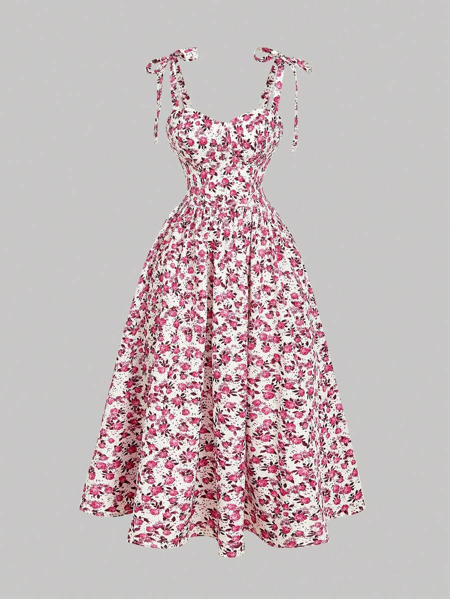 SHEIN MOD 女士印花吊带系带夏季连衣裙，印花长裙，春季连衣裙，度假连衣裙，假日连衣裙，乡村风服装，海滩度假装，波西米亚风女装，女士生日装，春夏连衣裙，早午餐装 - 酒紅色 - 查看 1