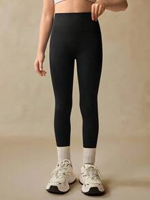 Teen Girls Activewear Black Seamless High Waist Ribbed Leggings, Cloud-Soft Second Skin Feel, 4-Way Stretch, Suitable For Running, Cycling, Yoga, Pickleball And Other Sports & Casual Wear