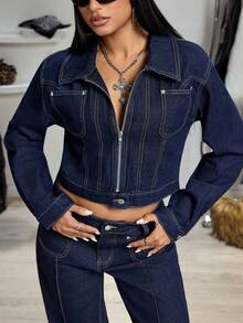 Jeanoix Y2K 时尚休闲口袋牛仔夹克 - 深色水洗藍 - 查看 7