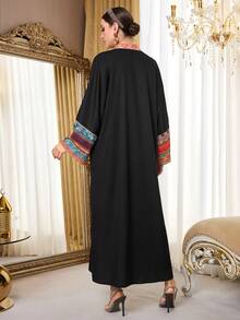 Al Najma Women's Patchwork Striped Print V-Neck Fringe Design Loose Arabic Dress Kaftan Jalabiya Dress - Black - View 5