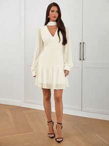 Aloruh Vestido mini de manga larga, elegante y minimalista en color púrpura, adecuado para ir al trabajo - Albaricoque - Ver 3