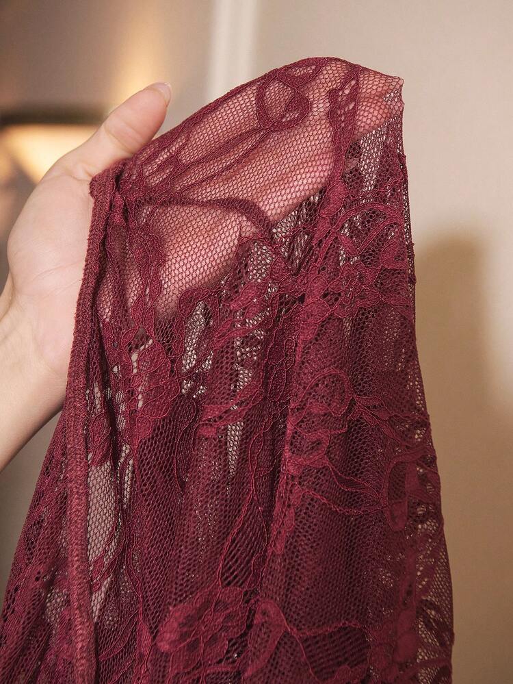 SHEIN Maija Outfit Women Purple Lace Bodysuit, Round Neck, Long Sleeve, Slim Fit, Waist Cinched, Suitable For Holidays Lace Long Sleeve See Through Outfit See Through Tops Valentine's Day Spring Outfit Women