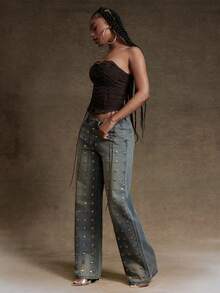 Denimoi Washed Denim Velvet Affect Lace Up Corset Top - Coffee Brown - View 4