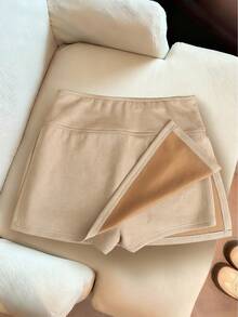 SHEIN PETITE 时尚新款绒面高腰修身A字开衩短裙，女士春秋季 - 卡其色 - 查看 2