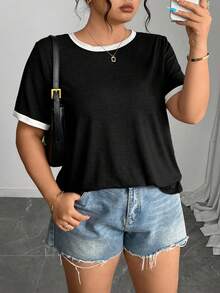 EMERY ROSE Damen Große Größen Lässig Alltags Pendler Kontrast Einfassung Kurzarm T-Shirt, Sommer - Verschiedenfarbig - Übersicht 6