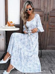 Pariaura ชุดเดรสรัดเอวลายดอกไม้เล็ก แขนยาว คอรูปหัวใจ สำหรับผู้หญิง