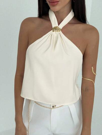 Aloruh Apricot Minimalist High-End Halter Backless Tie Strap Women Tank Top