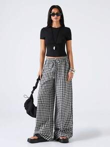 SHEIN EZwear 女士宽松阔腿格子裤，前系带，休闲日常穿着