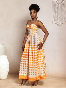 BamGleam New Women's Strapless Twist Polka Dot Dress - Orange - View 3