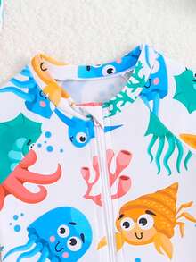 SHEIN GraphicGems 新生儿鲨鱼鲸鱼印花长袖拉链防晒泳衣 - 彩色 - 查看 3