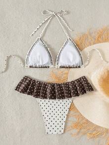 Swim Mod Bộ 2 món đồ bơi nữ mùa hè đi biển, họa tiết chấm bi đen trắng ngẫu nhiên, áo bikini buộc dây cổ sau và quần bơi xếp ly. - Nhiều màu - Xem 6