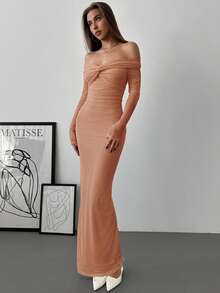 Aloruh Off-Shoulder Mesh Twist Ruched Dress, Romantic Date Night Gown With Long Sleeves - Dusty Pink - View 3