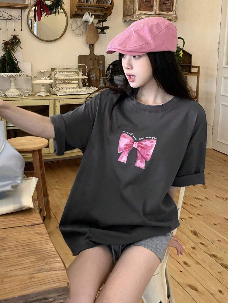 Women's Bow Print Loose Casual Round Neck Drop Shoulder T-Shirt Graphic Tees Women