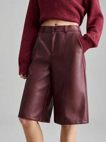 Ontre 2026 Spring/Summer New Women's PU Material Splicing Wide Leg 3/4 Pants, Urban Commute Business Casual Pants, Women's Office Elegant Outfit - Burgundy - View 4