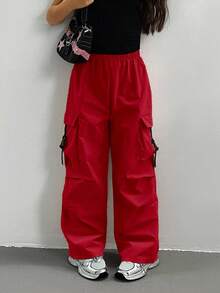 Sparklyn 少女时尚实用工装裤 - 紅色 - 查看 3