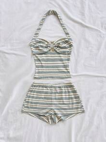 Soleia 女士休闲条纹吊带上衣和短裤两件套，夏季 - 彩色 - 查看 3