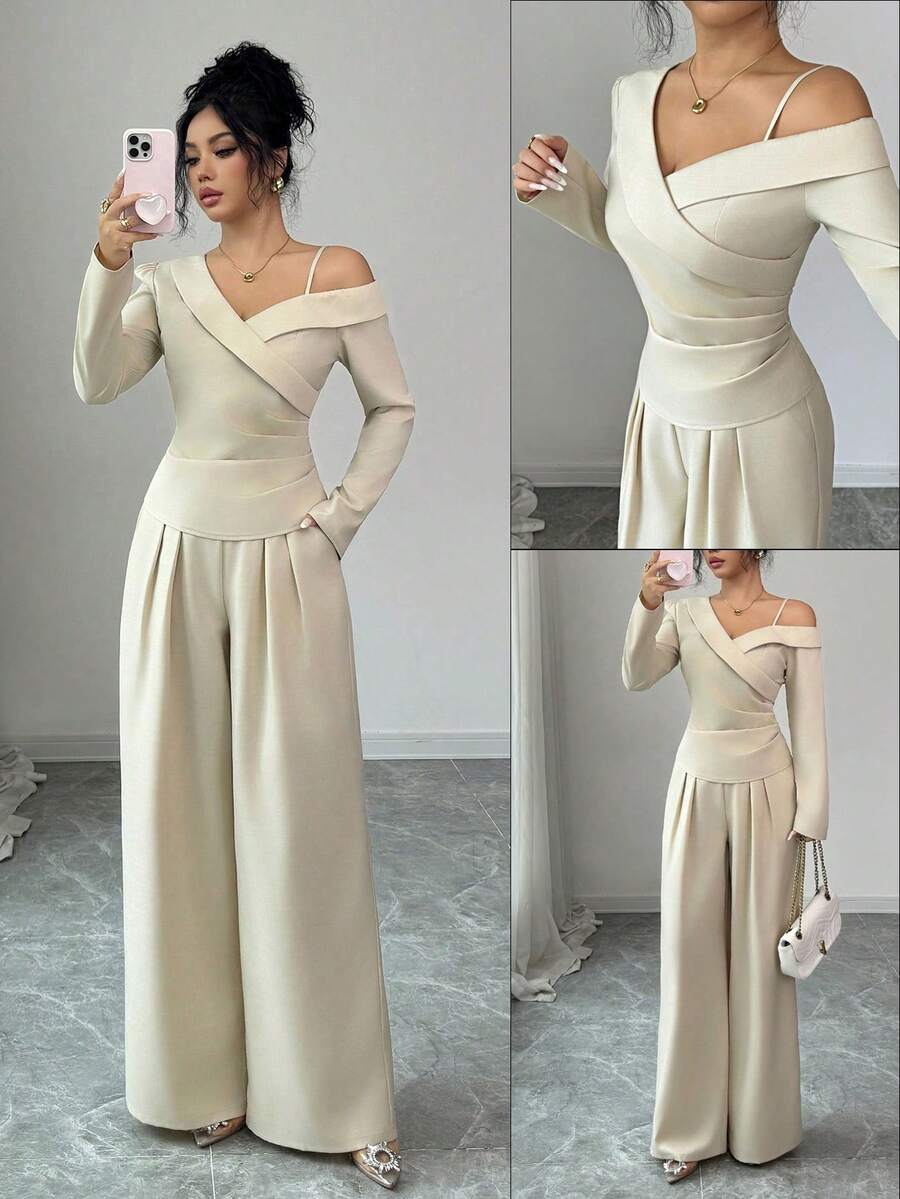 Elenzga Set de 2 piese, bluză elegantă asimetrică, plisată, încrucișată, și pantaloni minimalisti, drepți și lejeri, ținută demnă din 2 piese, costum casual, set de 2 piese elegant și confortabil pentru femei - Caisă - Vizualizare 1