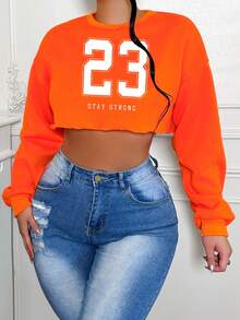 BamGleam 秋季休闲短款卫衣，饰有数字印花 - 橘色 - 查看 1